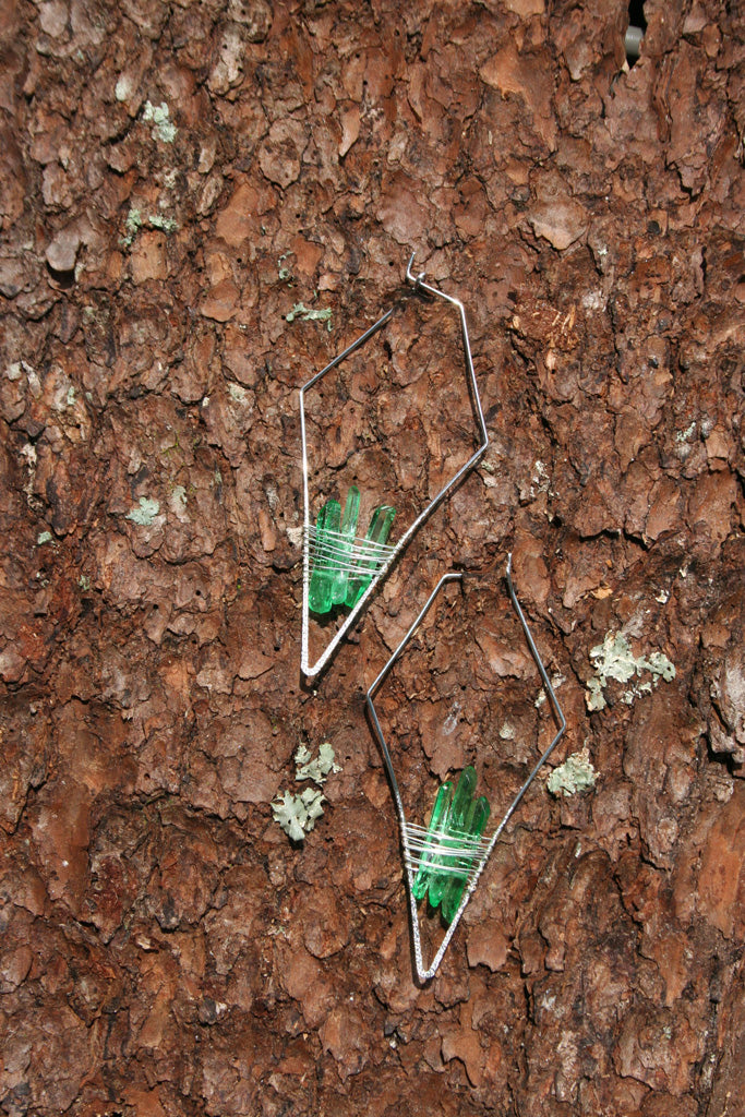 White Gold + Emerald Green Quartz Crystal Earrings