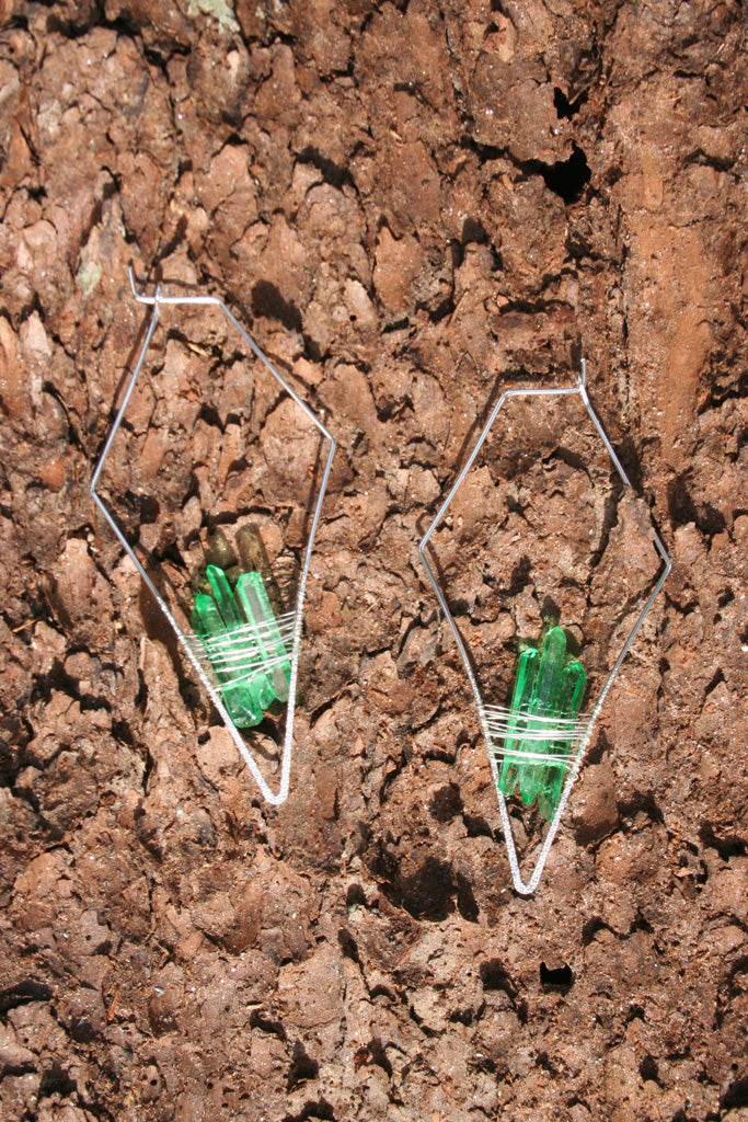 White Gold + Emerald Green Quartz Crystal Earrings