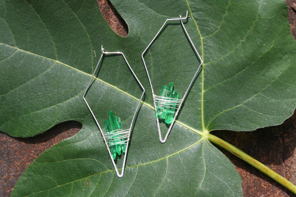 White Gold + Emerald Green Quartz Crystal Earrings